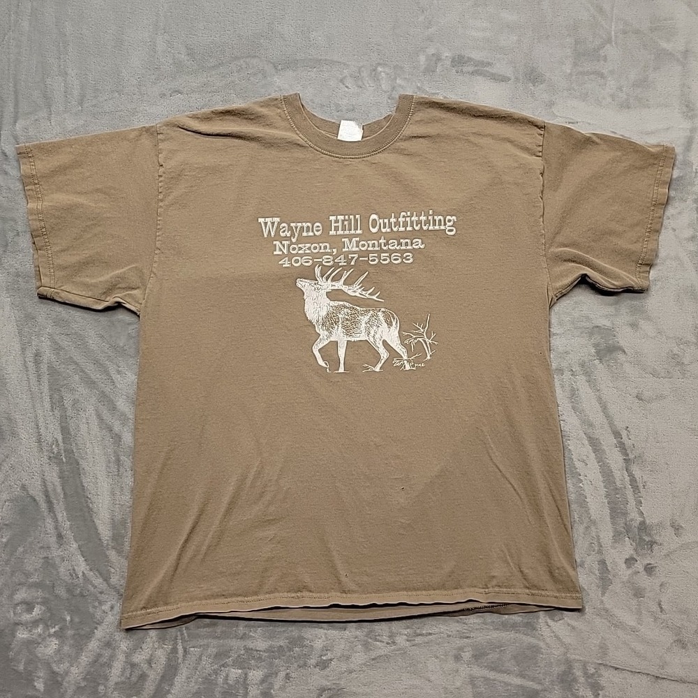 Noxon MT Outfitting Shirt Mens XL Brown Elk Hunting Montana Graphic Tee